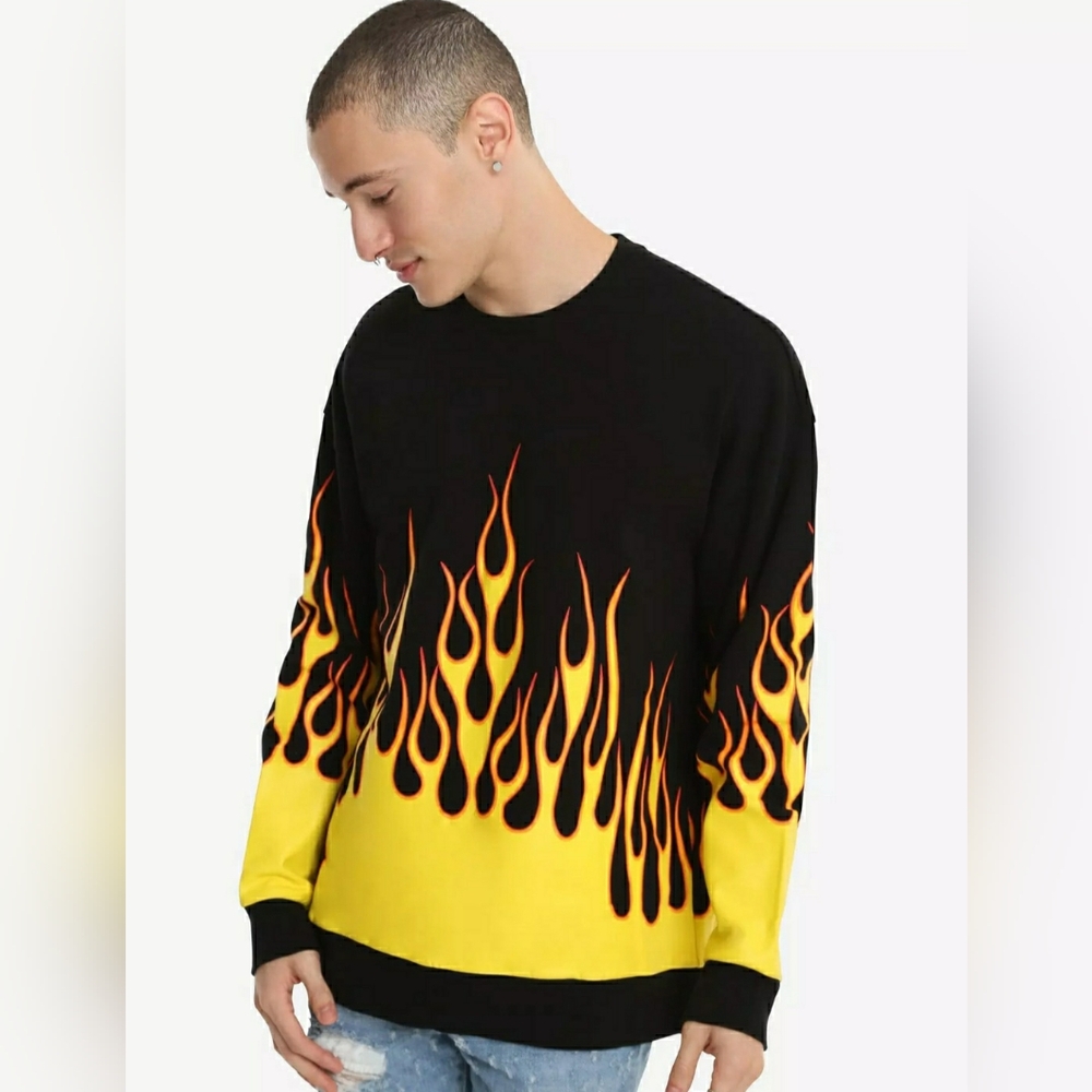 Rude Black Yellow Flame Long Sleeve Graphic Pullover Shirt Size Large